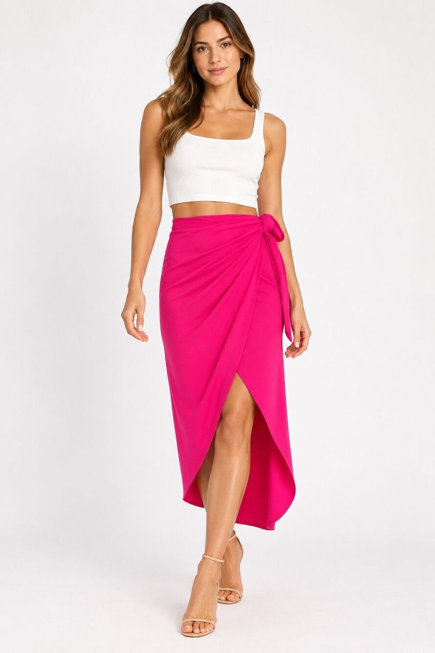 Reformation Rika Hot Pink Tencel Knit Wrap Midi Skirt High Slit XS